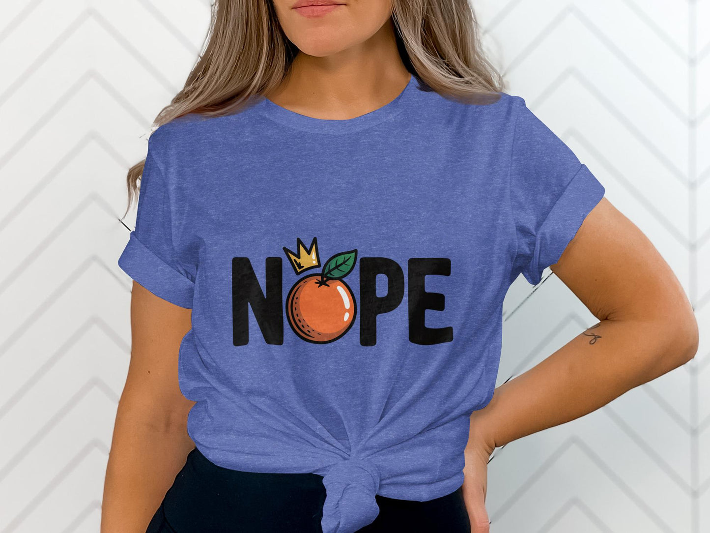 Funny Nope Shirt with Crowned Orange Graphic, Trendy Graphic Tee, Cute Casual T-shirt, Everyday Wear, Humorous Shirt for Women