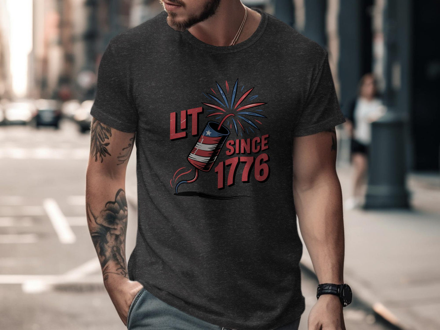 Funny Patriotic T-Shirt, Lit Since 1776 Shirt, 4th of July Clothing, American Independence Day Tee, USA Flag Firework Graphic Shirt
