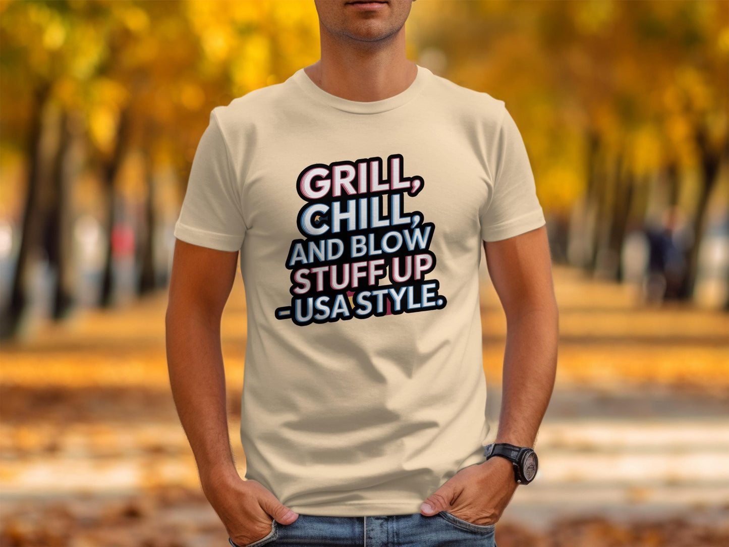Funny Grill Chill T-Shirt, USA Style BBQ Shirt, Hilarious Summer Cookout Tee, Casual Outdoor Party Apparel, Unique Gift Idea