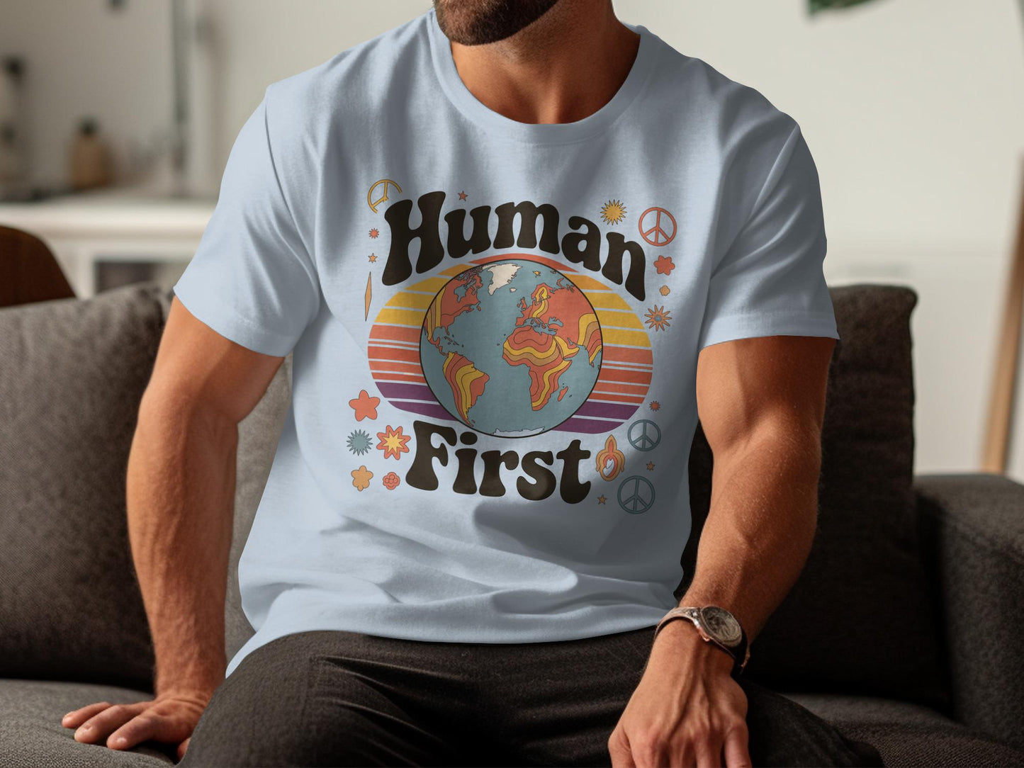 Human First Shirt, Retro Graphic Tee, Earth Peace Sign Top, Groovy Hippie Vibes T-Shirt, Inspirational Message Shirt