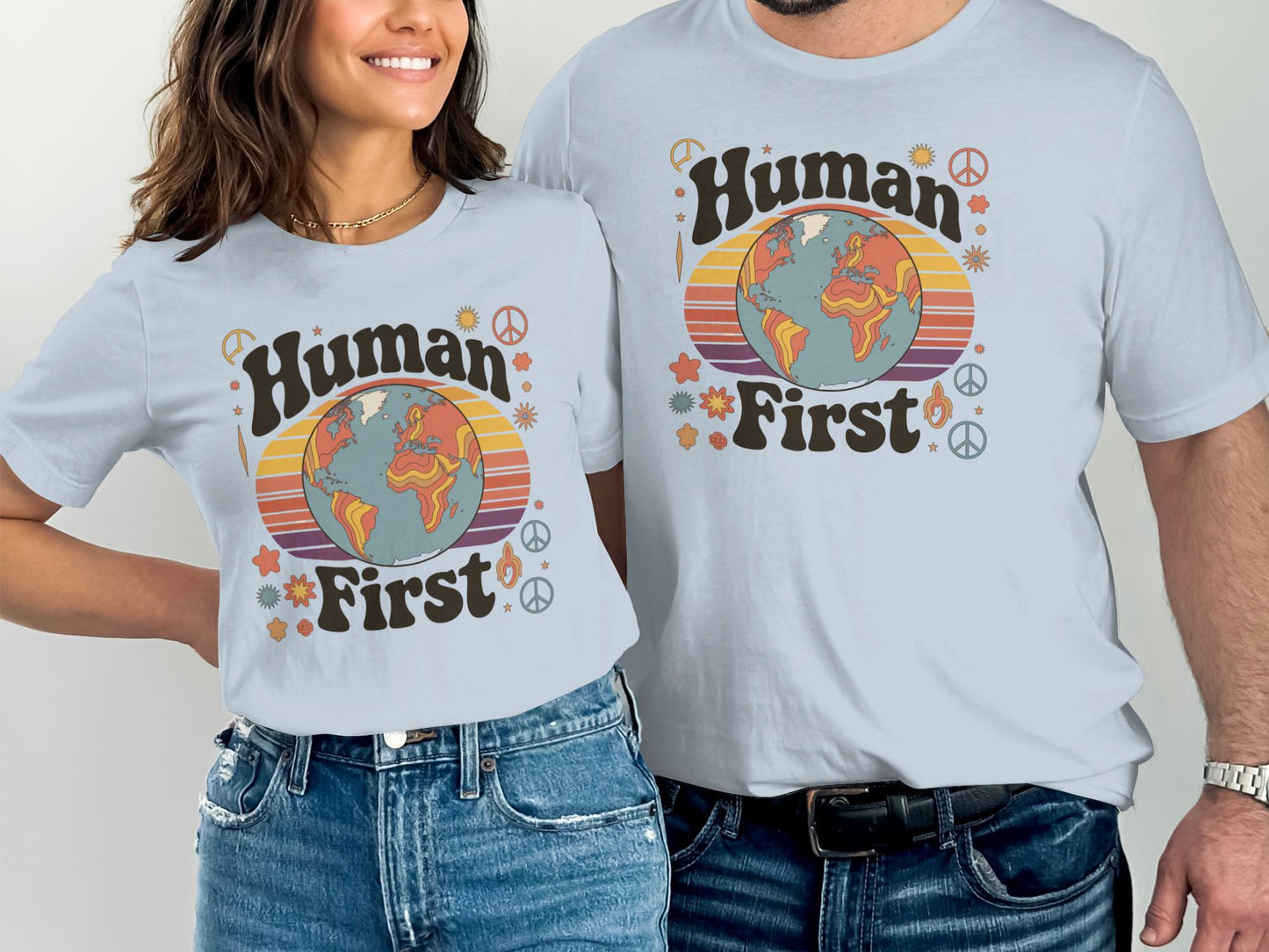 Human First T-Shirt, Unisex Graphic Tee, Earth Print Shirt, Couple Matching Outfits, Casual Shirt, Gift for Him and Her