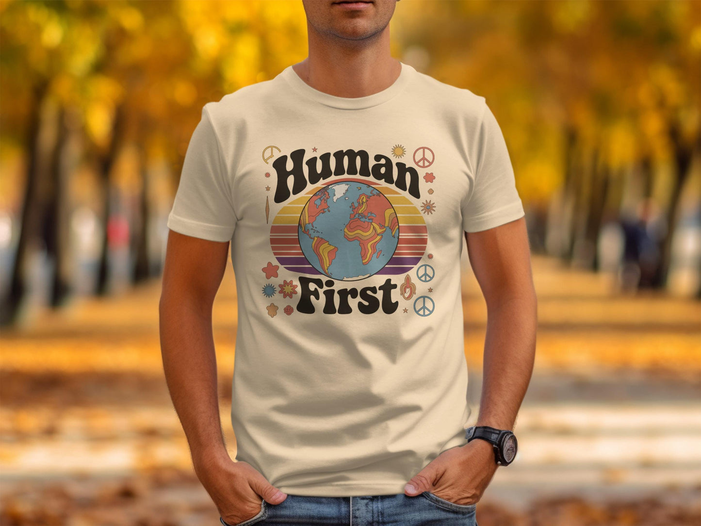 Human First T-Shirt, Retro Earth Shirt, Peace Sign Tee, Vintage Planet Design, Unisex Graphic Tee, Eco-Friendly Message