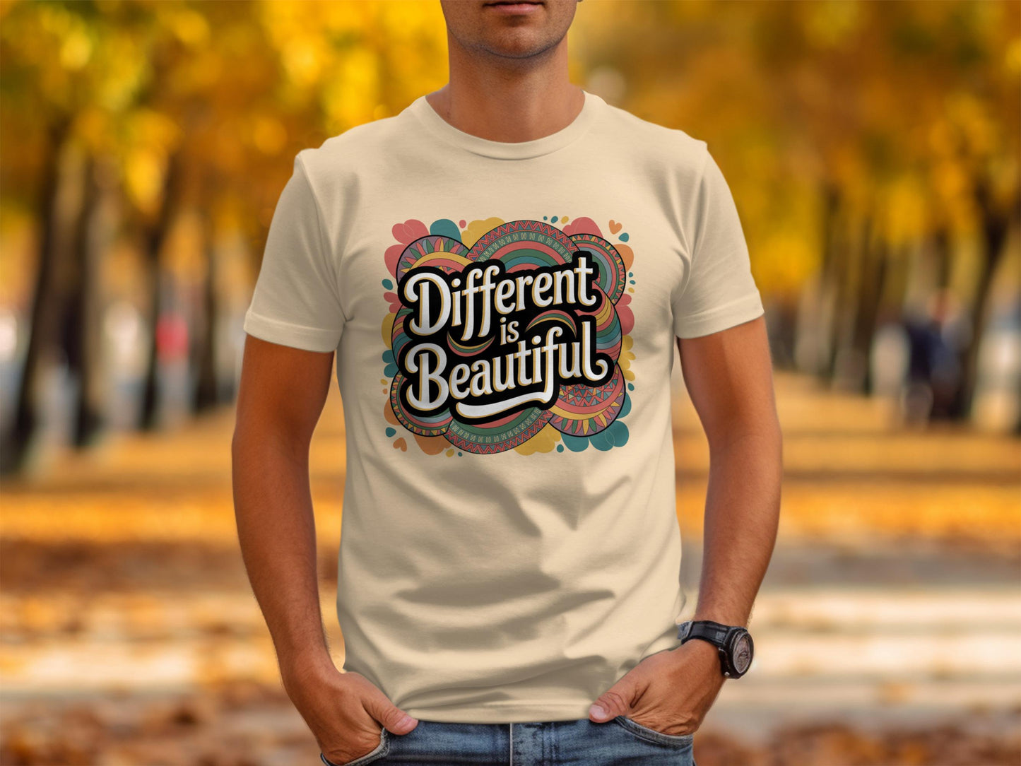 Man wearing a cream-colored t-shirt with a vibrant retro design that reads "Different is Beautiful" in bold, white stylized lettering. The colorful 70s-inspired graphic features heart and swirl patterns in teal, mustard, pink, and orange. The shirt has a classic fit and short sleeves, perfect for spreading a positive, inclusive message with a vintage twist. Autumn leaves and trees in the background.