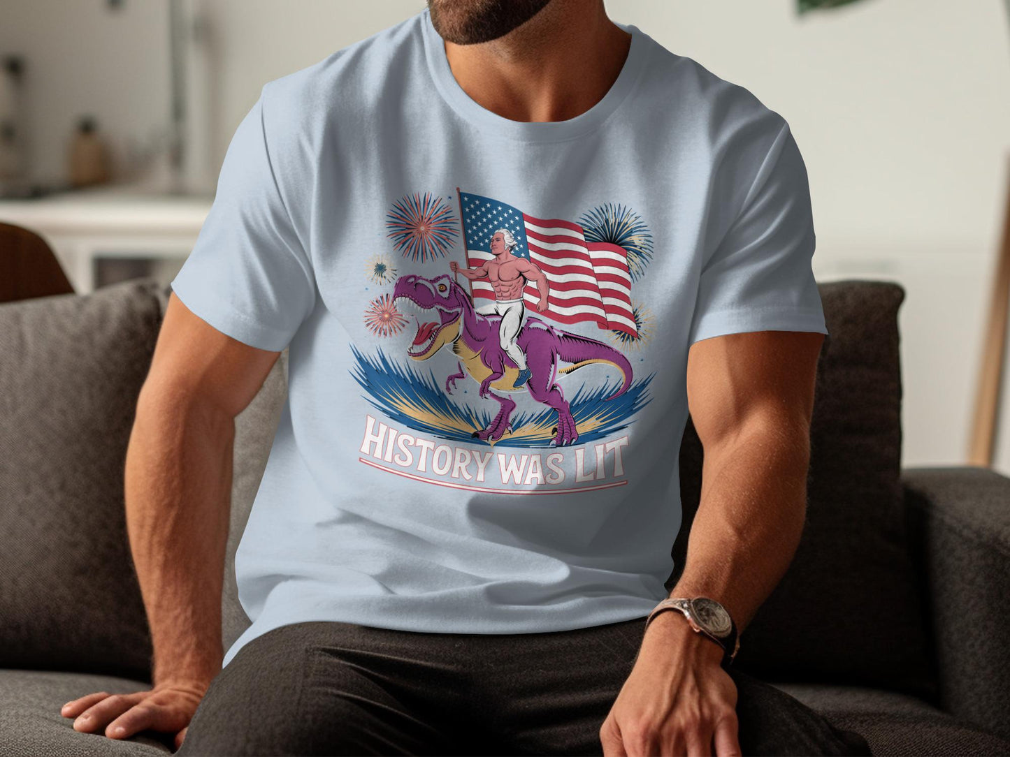 History Was Lit T-Shirt, Funny Patriotic Dinosaur Graphic Tee, Retro Fireworks Design Shirt, Cool Novelty Gift for Men