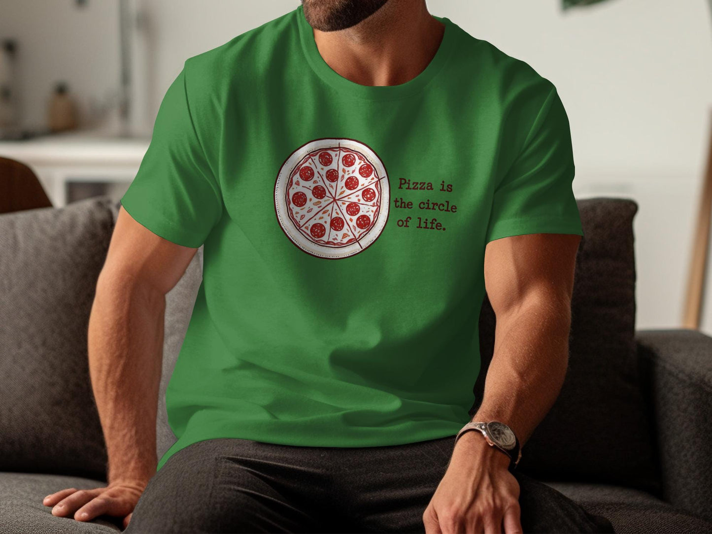 Pizza is the circle of life t-shirt, fun food lover shirt, graphic pizza tee, casual green top, novelty pizza apparel