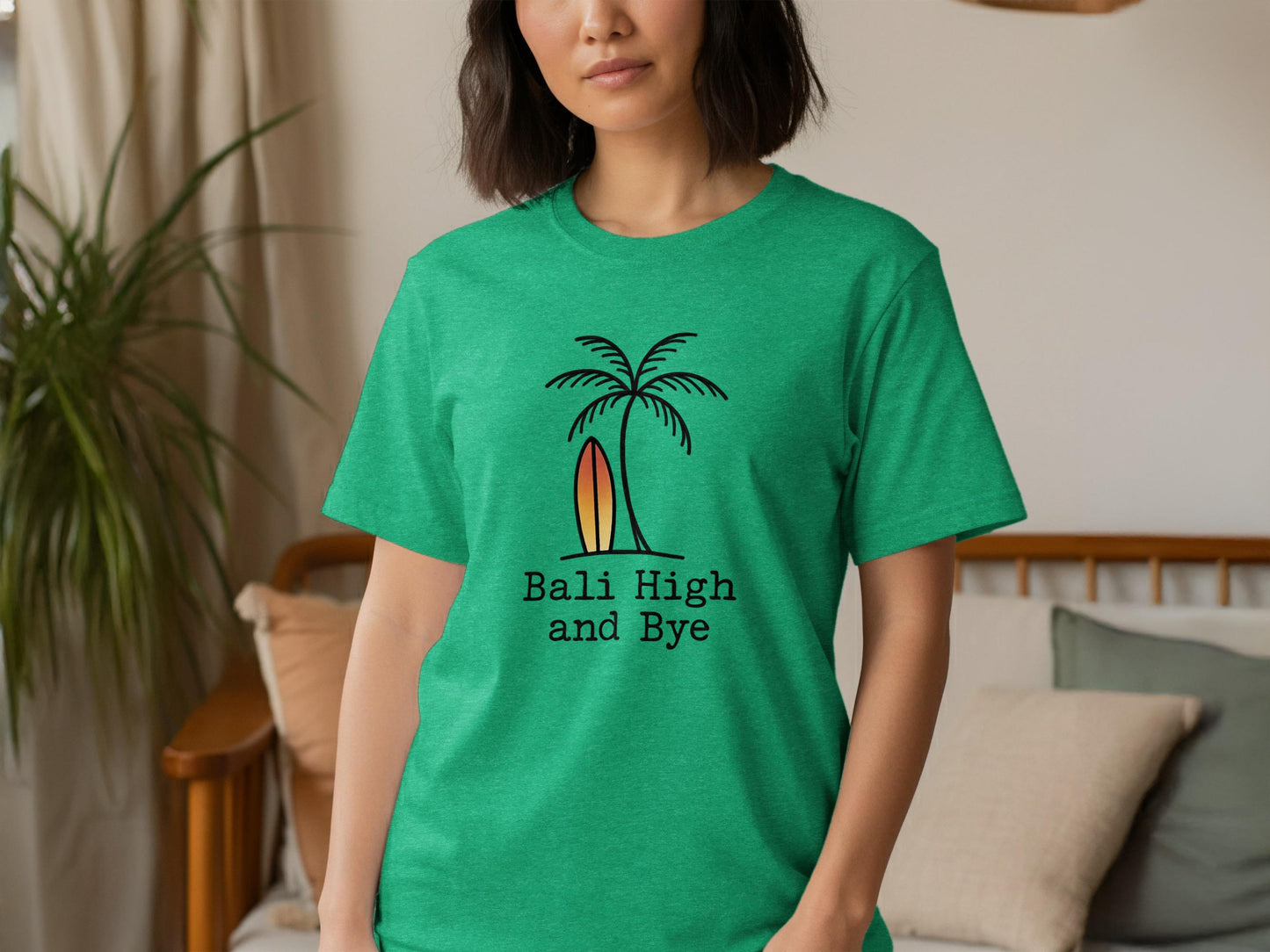 Bali High and Bye T-Shirt, Tropical Palm Tree Tee, Beach Surfing Graphic Shirt, Casual Summer Top, Vacation Travel Shirt