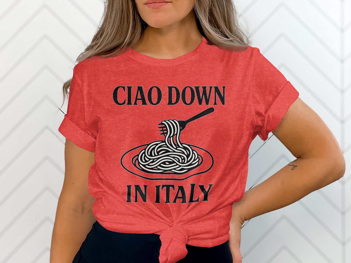 Ciao Down In Italy Shirt, Italian Food Lovers Tee, Funny Pasta Graphic T-Shirt, Cute Italian Pun, Casual Graphic Tee
