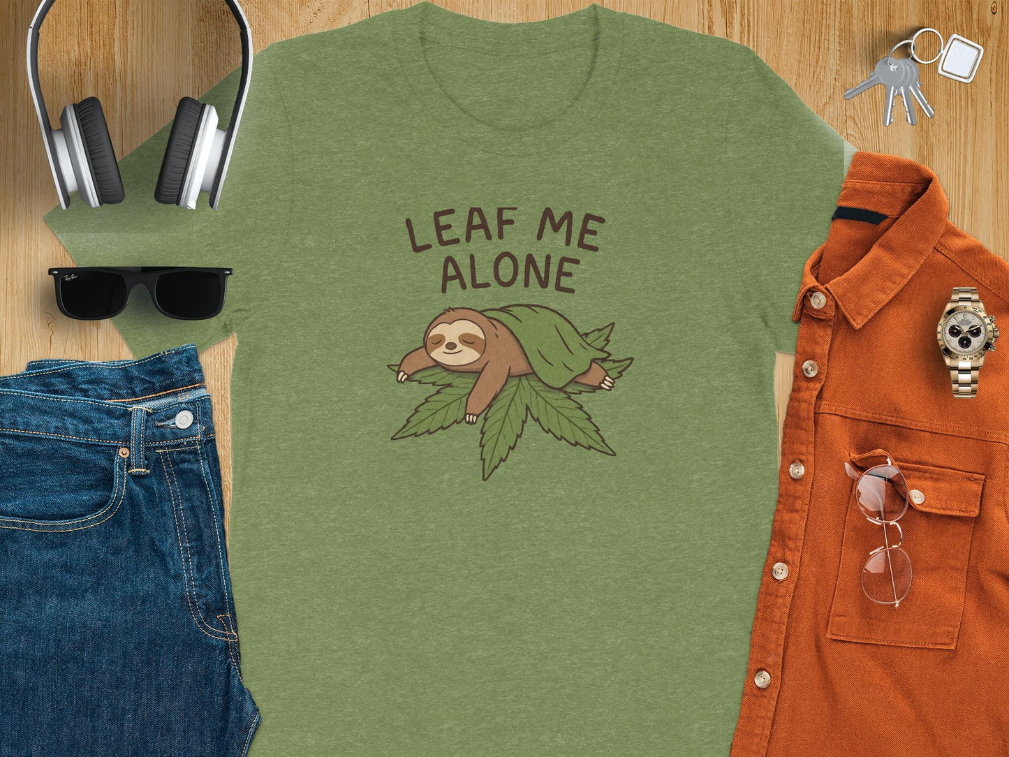Leaf Me Alone Funny Sloth T Shirt, Cute Sloth Graphic Tee, Lazy Sloth Shirt, Novelty Sloth Lover Gift, Green Sloth Shirt