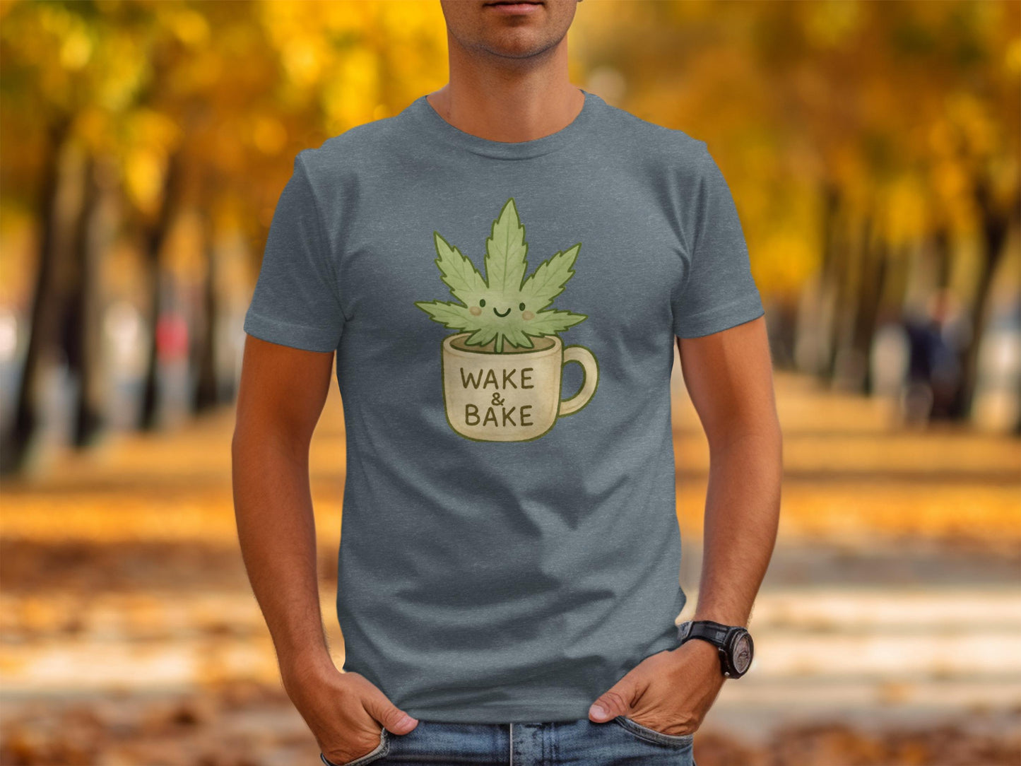 Wake and Bake T-Shirt, Cute Leaf Coffee Mug Design T-Shirt, Funny Graphic Tee, Unisex Casual Tee, Unique Gift for Coffee Lovers