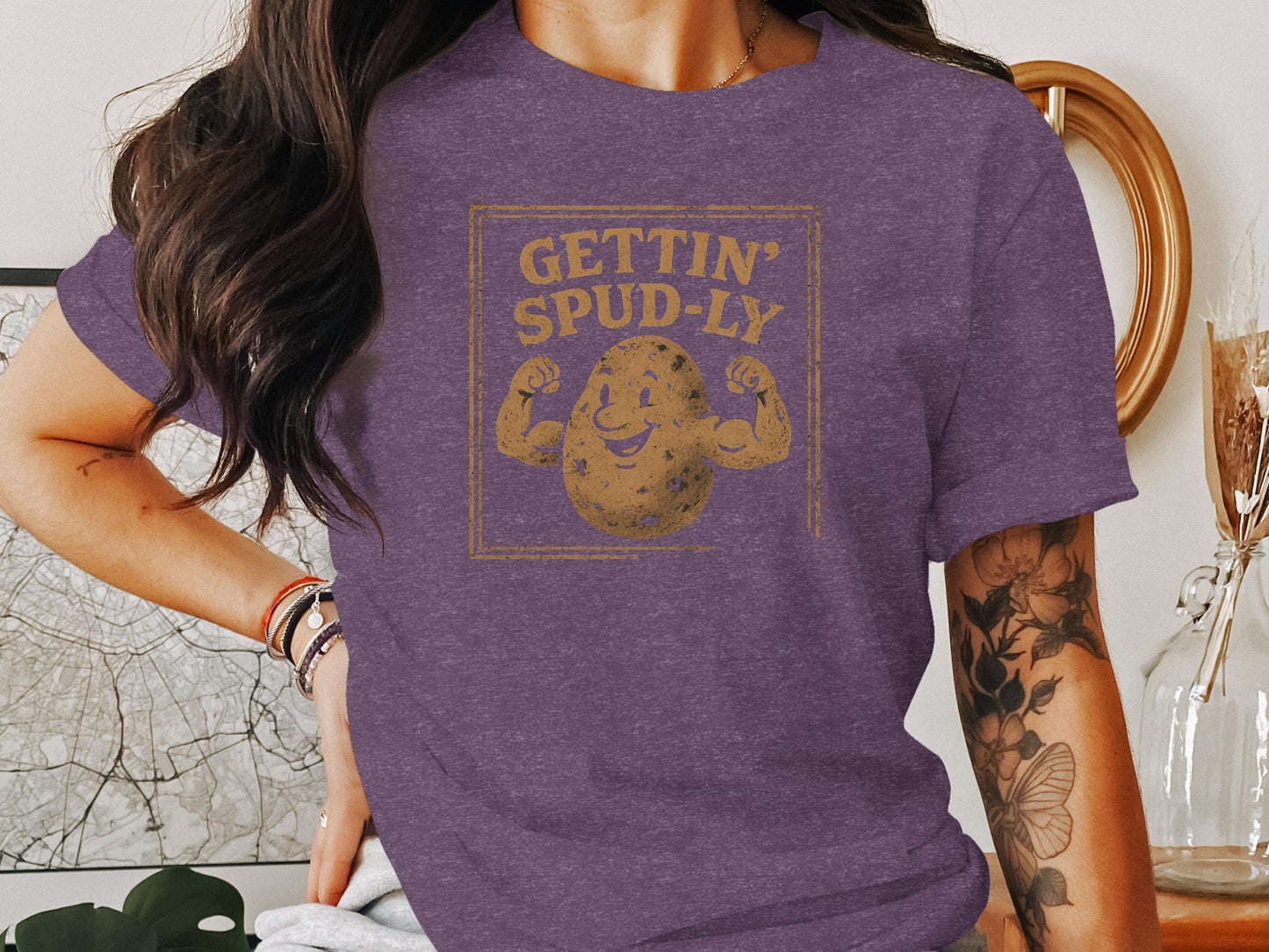 Gettin' Spud-ly Graphic Tee, Potato Humor Shirt, Funny Workout T-shirt, Comfy Casual Wear, Trendy Graphic Tee for All Ages