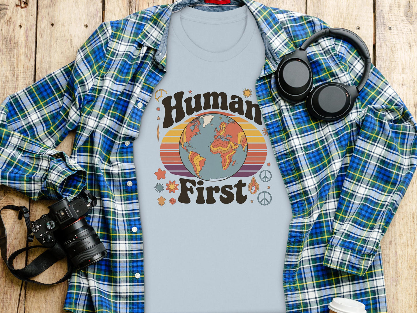 Human First T-Shirt, Graphic Tee, Earth Design Shirt, Retro Style, Unique Gift, Inspirational Apparel, Casual Wear, Unisex Top