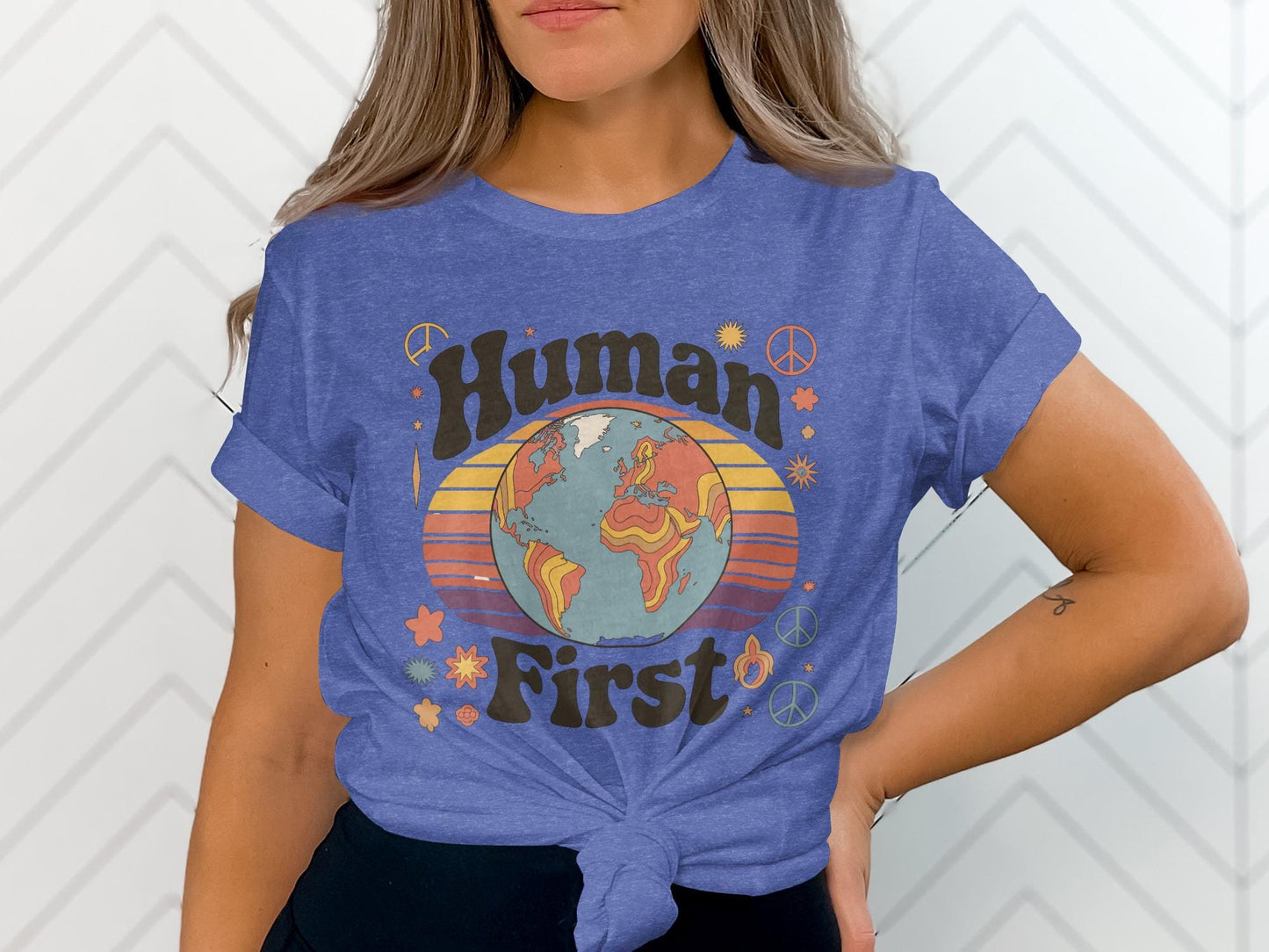 Human First Graphic Tee, Vintage Earth Peace Shirt, Retro Planet T-Shirt, Positive Message Top, Sustainable Fashion Tee