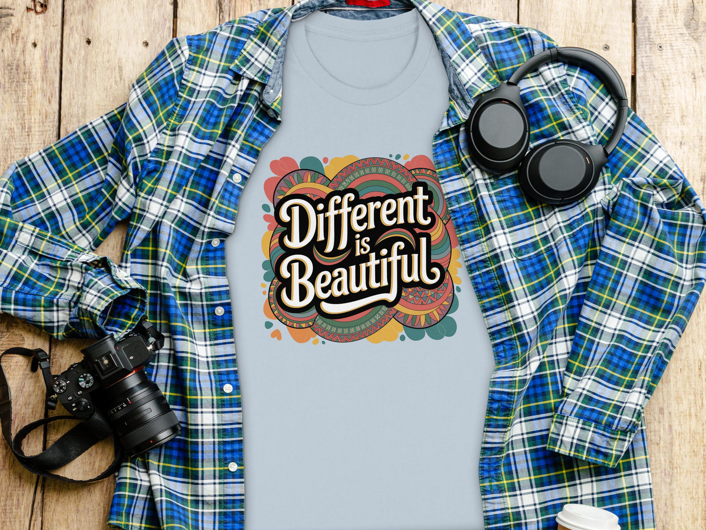 Flat lay of a light blue t-shirt featuring a bold retro graphic that says “Different is Beautiful” in large white lettering, surrounded by colorful swirls and hearts in teal, pink, orange, and yellow. Styled with a blue flannel shirt, headphones, and a camera. This colorful graphic tee is a positive quote tee, custom graphic print, and perfect as a stand out shirt, bold shirt, and self love t shirt. A unique statement tee and inspirational shirt for everyday wear.