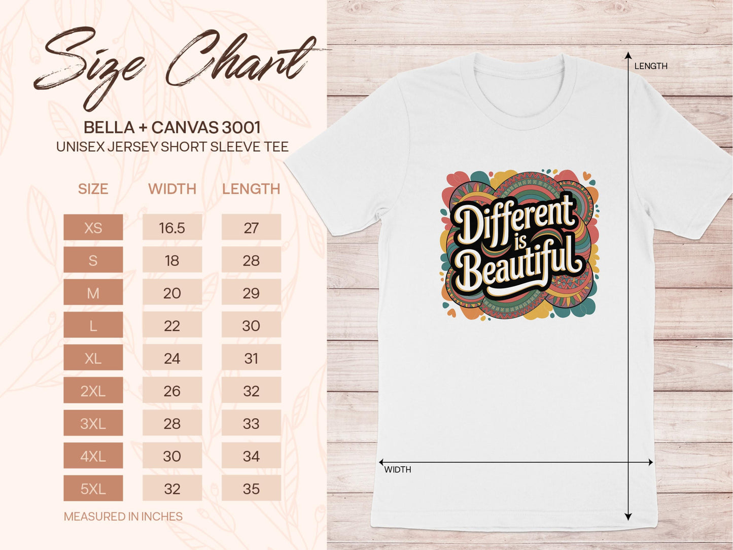 Bella + Canvas 3001 unisex jersey short sleeve tee size chart alongside a white t-shirt with a colorful graphic that says “Different is Beautiful” in bold retro lettering. Graphic features swirls and hearts in pink, teal, yellow, and orange. This positive quote tee is a bold shirt, colorful graphic tee, and inspirational shirt. A custom graphic print and unique statement tee perfect as a self love t shirt or emotional shirt. Sizes range from XS to 5XL.