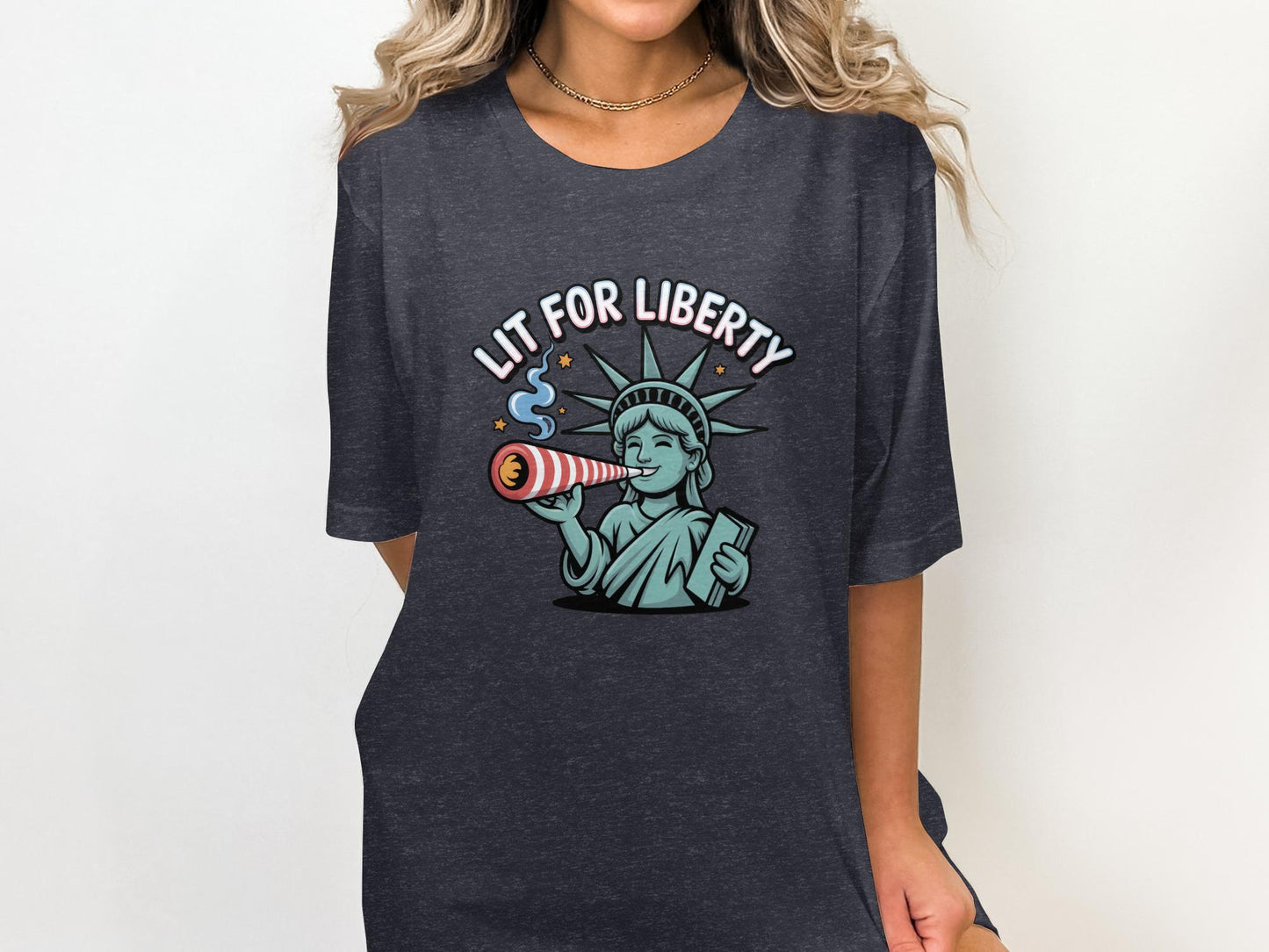 Lit for Liberty graphic t-shirt, Patriotic Statue of Liberty tee, Independence Day funny shirt, 4th of July casual top, USA pride