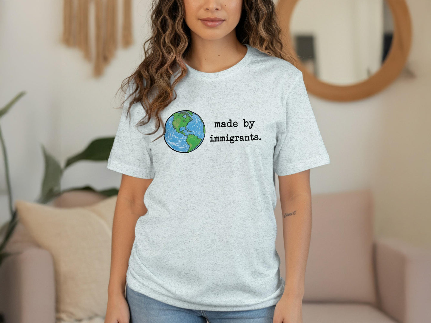 Earth design printed t-shirt, made by immigrants shirt, world graphic tee, motivational message clothing, casual wear statement top