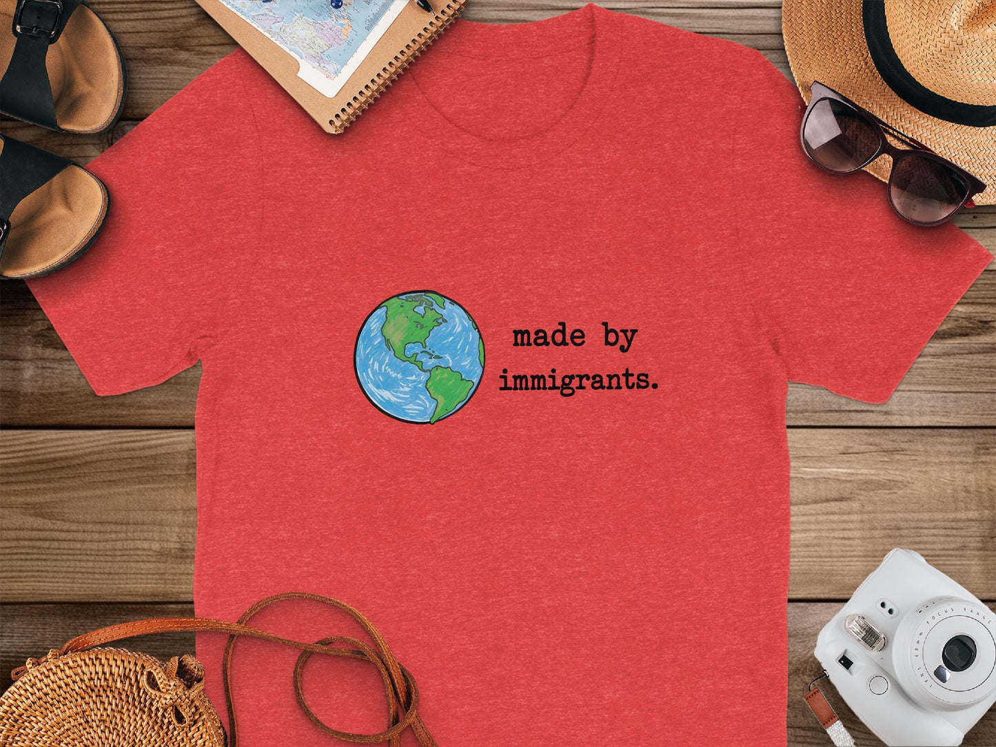 Made by Immigrants Shirt, Earth Globe Graphic Tee, Immigrant Pride T-Shirt, Support Immigrant Rights, Unisex Red T-Shirt