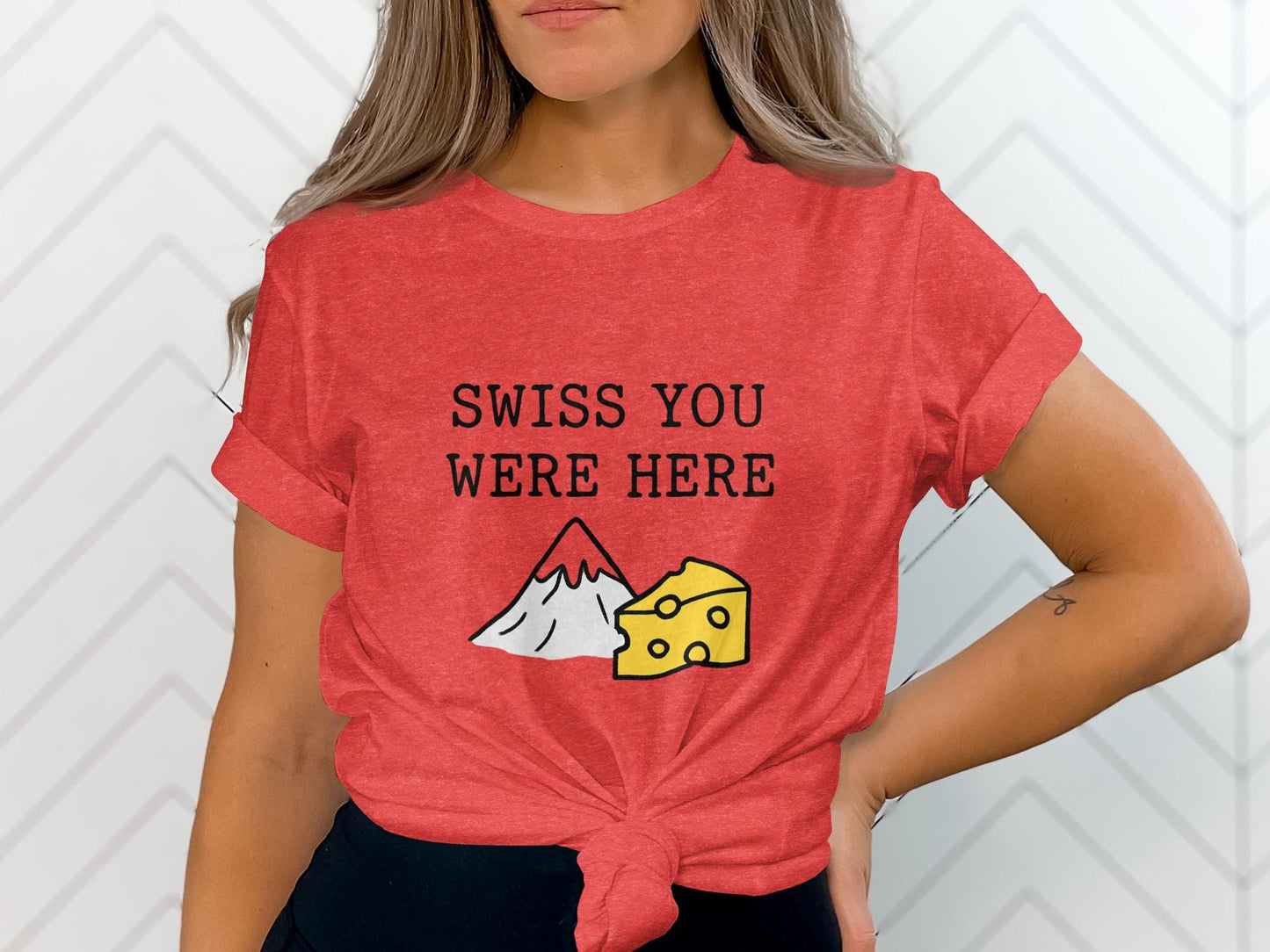 Swiss You Were Here novelty graphic T-shirt, funny mountain cheese design, casual unisex tee, humorous travel gift, cozy casual wear
