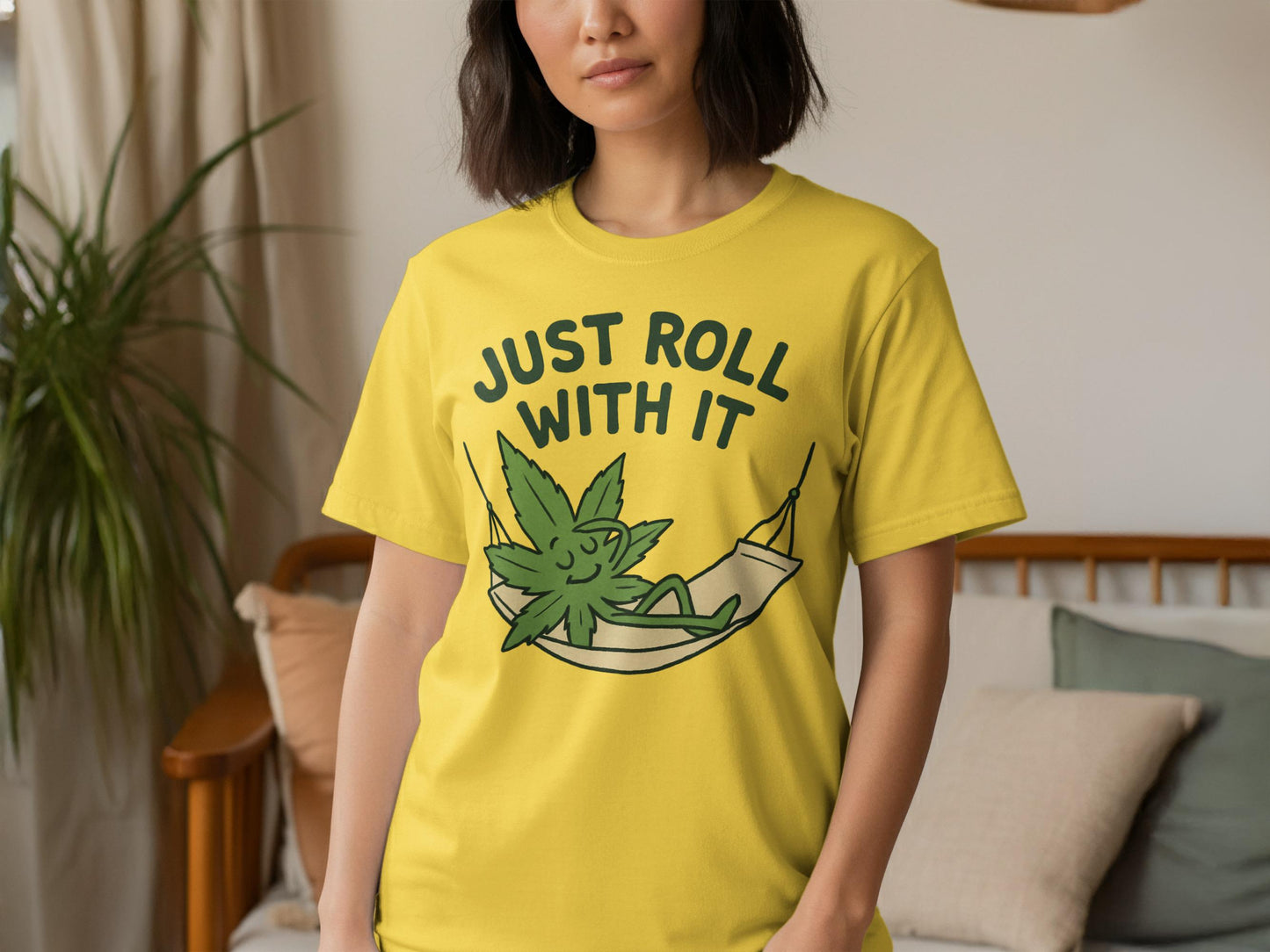 Just Roll With It Graphic Tee, Relaxed Fit Summer Shirt, Trendy Cannabis Print T-Shirt, Casual Everyday Wear, Fun Gift Idea