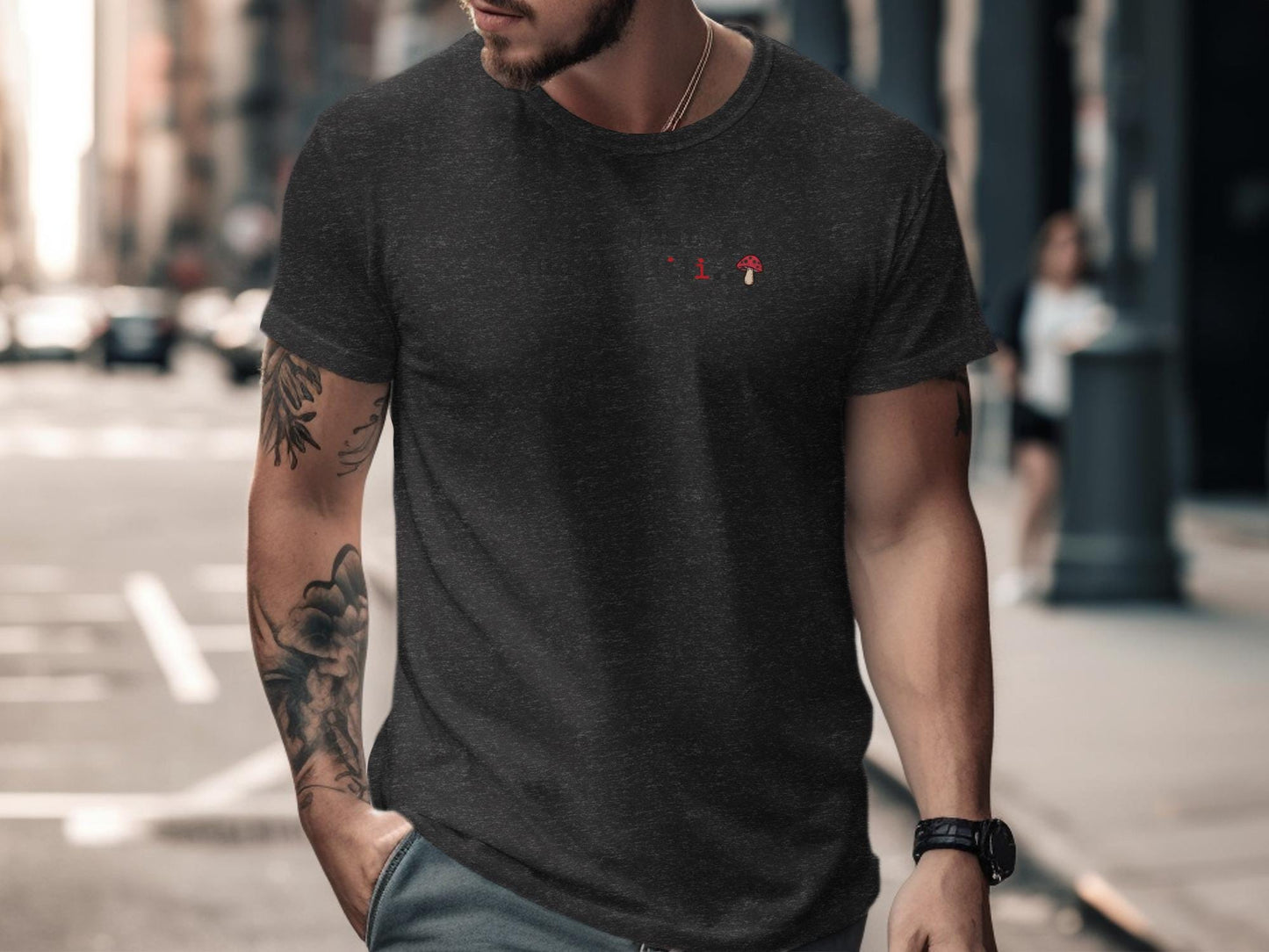 Trendy black t-shirt with minimalist design, casual streetwear, comfortable everyday wear, stylish men's apparel, graphic tee