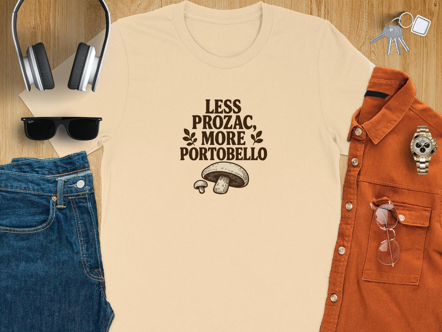 Funny Mushroom Quote T-Shirt, Less Prozac More Portobello Shirt, Unique Foodie Tee, Vegan Humor Top, Cute Casual Outfit, Gift For Food