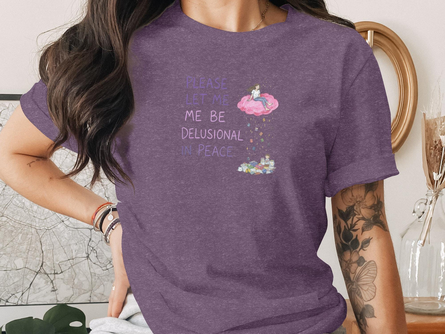 Please Let Me Be Delusional in Peace Shirt, Funny Graphic Tee, Casual Graphic Tee Shirt, Cute Purple T-Shirt for Women