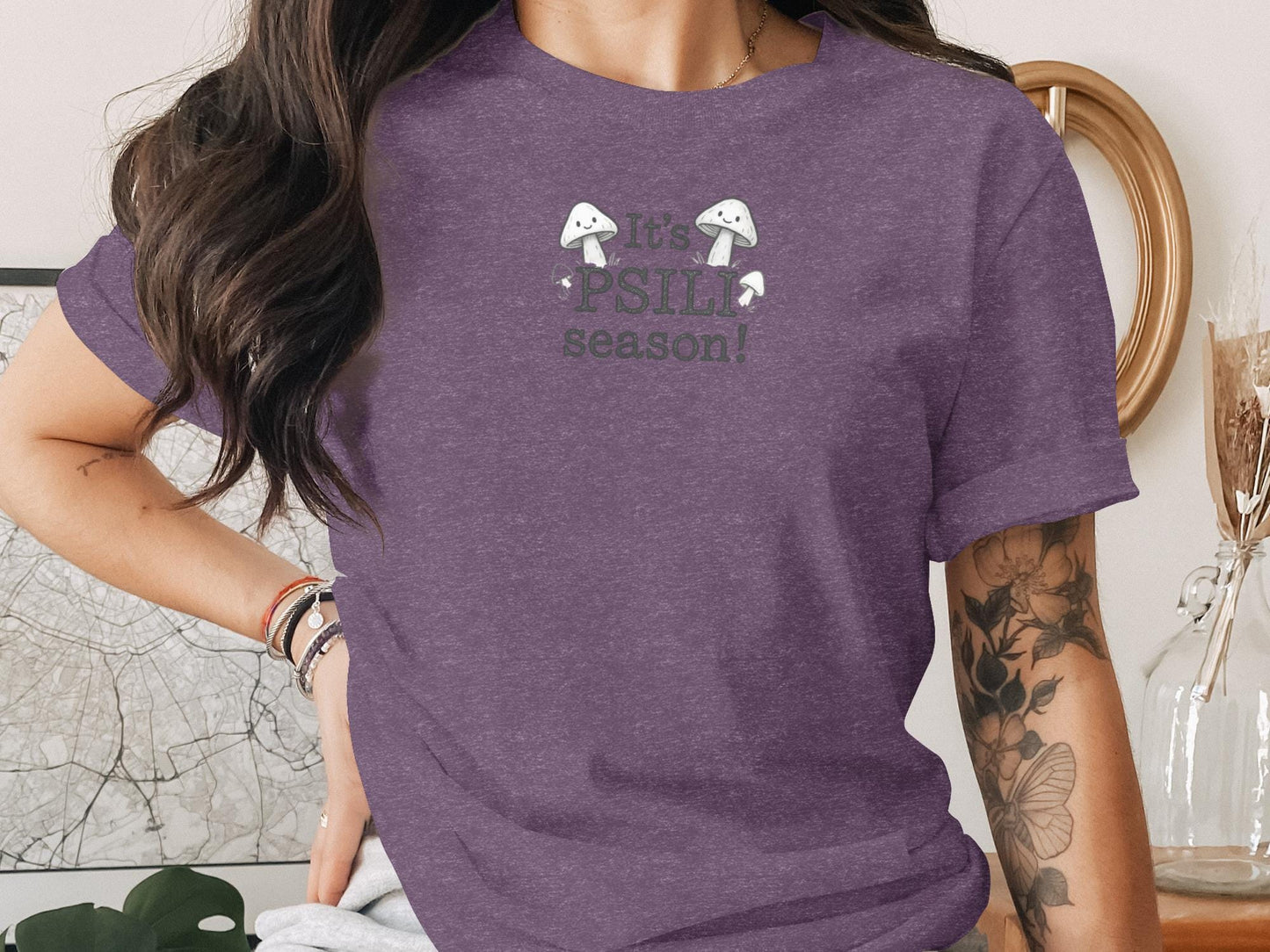 Purple Mushroom Graphic Tee, Cute Fungi Shirt, Funny Seasonal Top, Casual Graphic T-Shirt, Trendy Mushroom Lovers Gift, Fall Fashion Tee