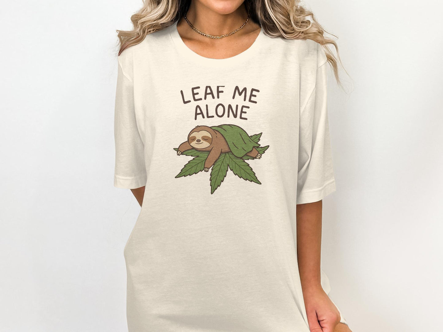 Funny Sloth T-Shirt, Leaf Me Alone Graphic Tee, Humor Cute Animal Shirt, Relaxed Fit Casual Top, Women's Novelty Tee