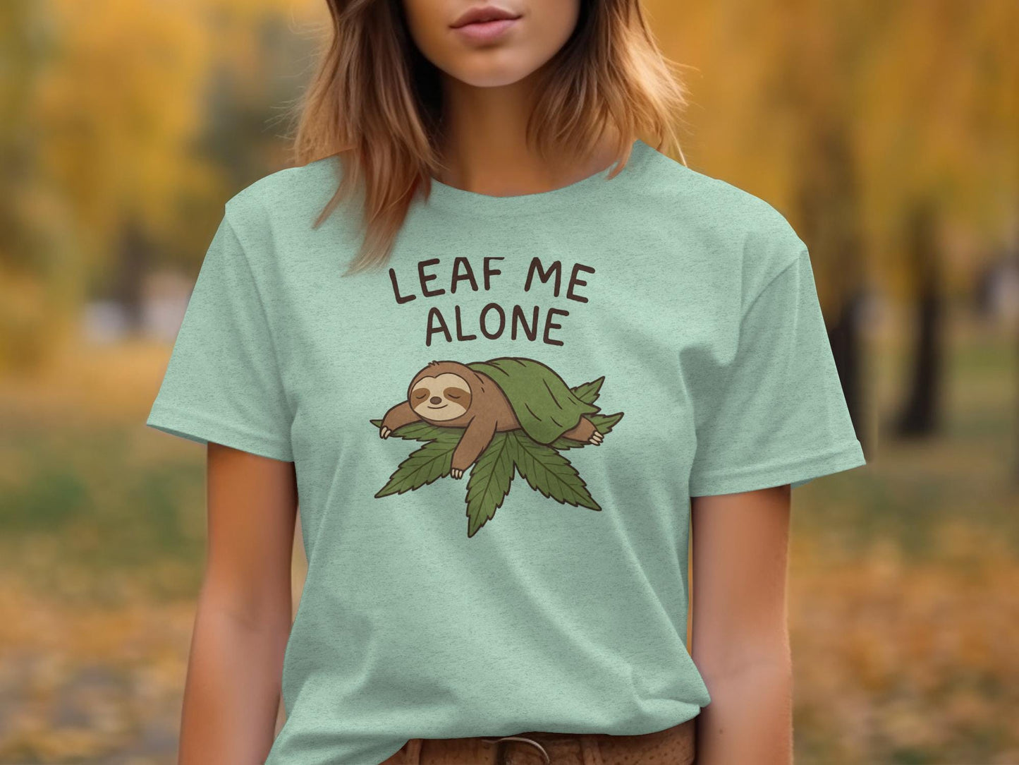 Leaf Me Alone Sloth Shirt, Cute Sloth Graphic Tee, Funny Nature Lover Gift, Women's Short Sleeve T-Shirt, Casual Summer Top
