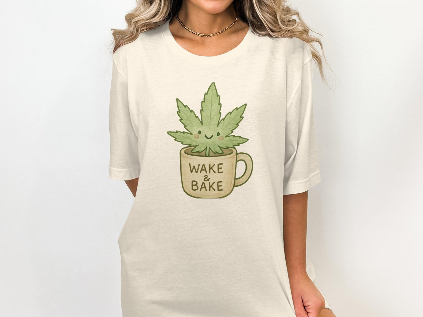 Wake and Bake Shirt, Funny Coffee Tee, Cute Weed Mug Design, Morning Coffee Lover Gift, Relaxed Fit Shirt, Unique Novelty Top
