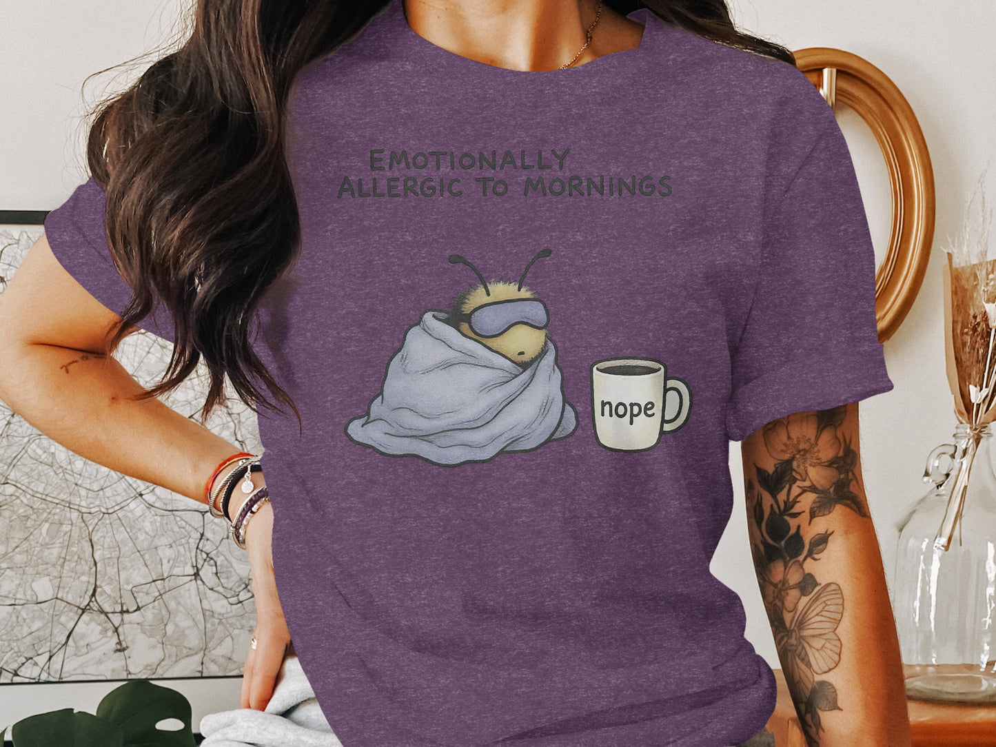 Emotionally Allergic to Mornings Shirt, Funny Nope Quote Tee, Cute Lazy Bee Graphic, Women's Casual Graphic T-Shirt, Gift for Her