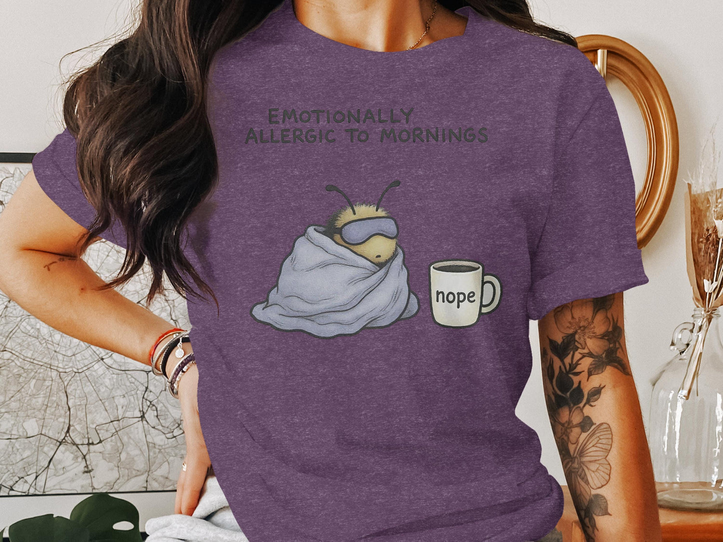 Emotionally Allergic to Mornings Shirt, Funny Nope Quote Tee, Cute Lazy Bee Graphic, Women's Casual Graphic T-Shirt, Gift for Her