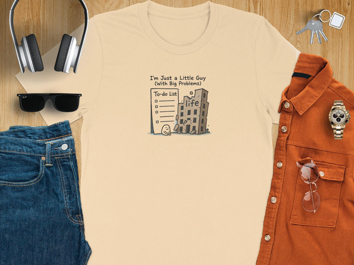 Funny To-Do List Shirt, Life Problem Graphic Tee, Cool Casual Outfit, Light Beige Tee, Comic Style Humor Apparel, Unique Gift Idea