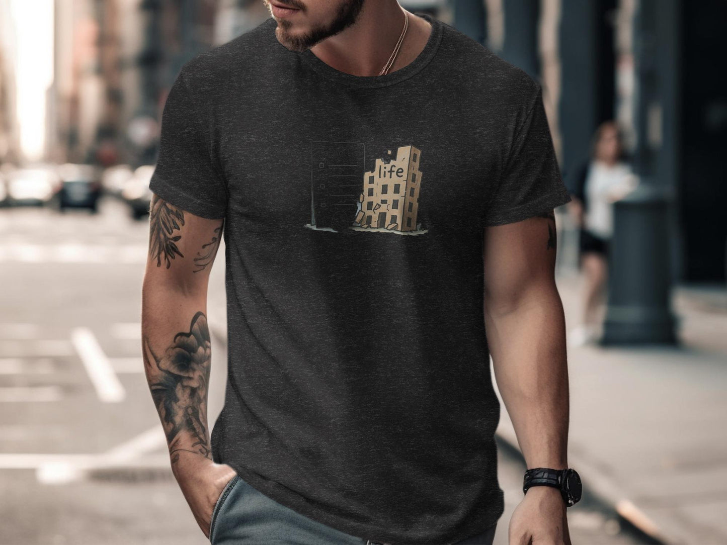 Urban Streetwear Graphic Tee, Casual T-Shirt for Men, Cool Building Print Shirt, Trendy Summer Outfit, Comfortable Everyday Clothing