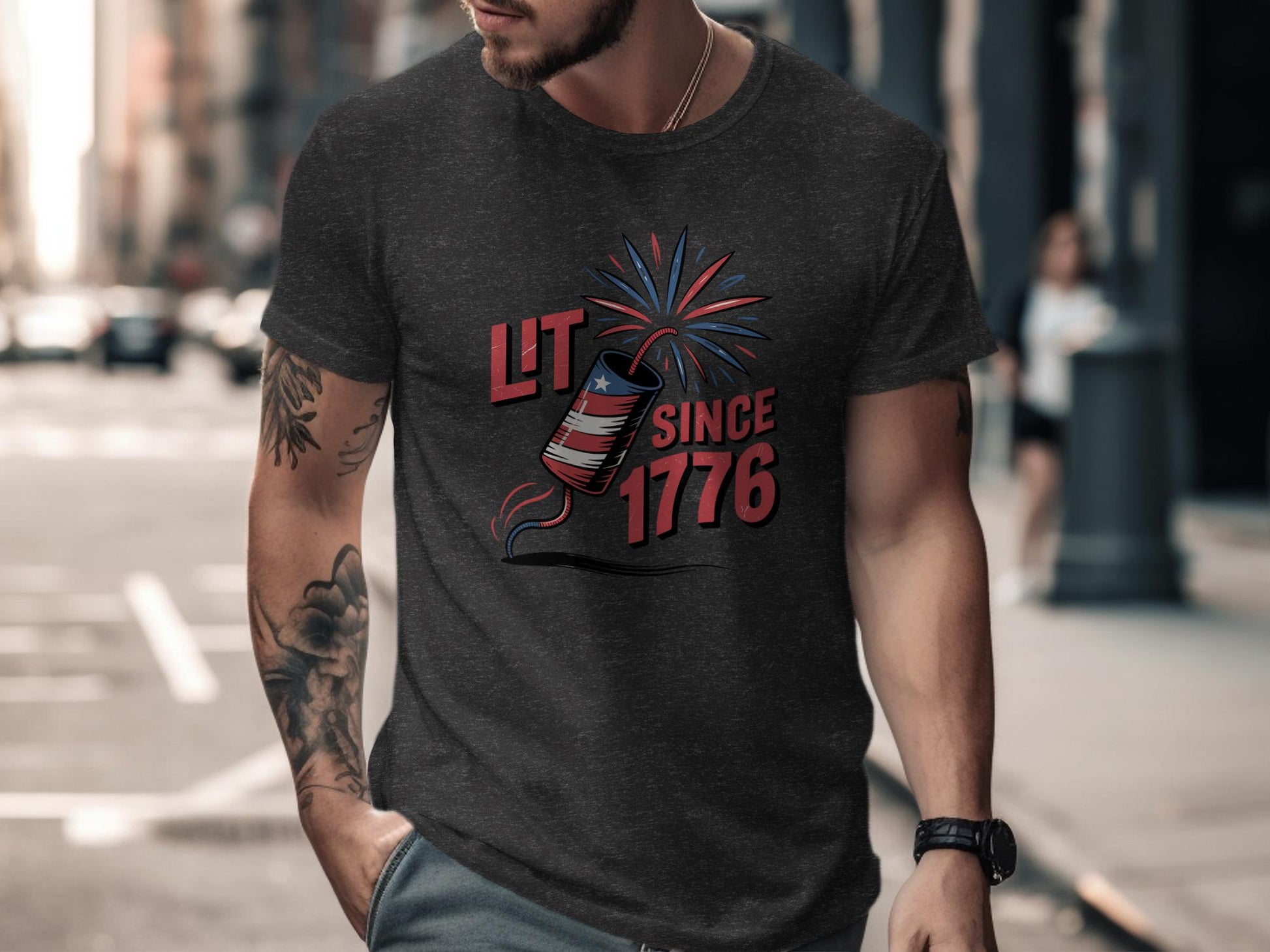 Funny Patriotic T-Shirt, Lit Since 1776 Shirt, 4th of July Clothing, American Independence Day Tee, USA Flag Firework Graphic Shirt