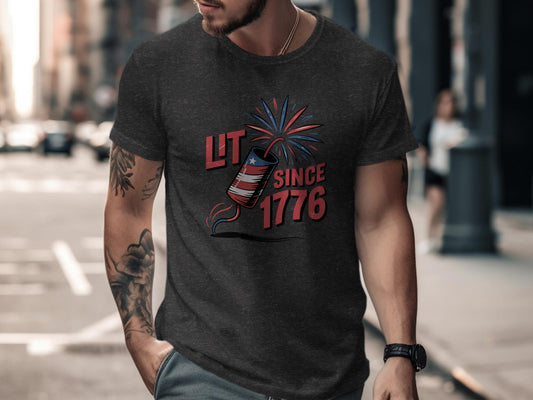 Funny Patriotic T-Shirt, Lit Since 1776 Shirt, 4th of July Clothing, American Independence Day Tee, USA Flag Firework Graphic Shirt