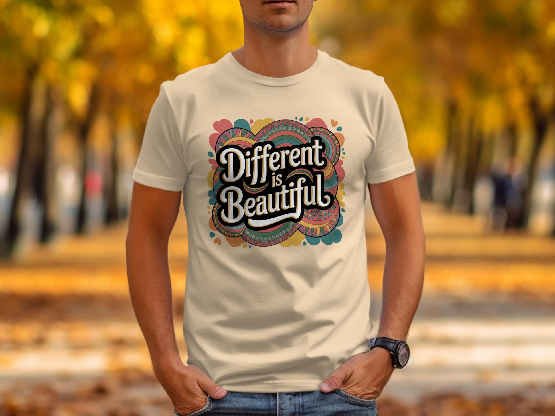 Man wearing a cream-colored t-shirt with a vibrant retro design that reads &quot;Different is Beautiful&quot; in bold, white stylized lettering. The colorful 70s-inspired graphic features heart and swirl patterns in teal, mustard, pink, and orange. The shirt has a classic fit and short sleeves, perfect for spreading a positive, inclusive message with a vintage twist. Autumn leaves and trees in the background.