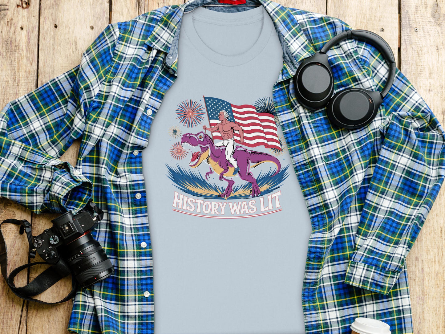 History Was Lit T-Shirt, Funny Dinosaur and American Flag Shirt, Retro Graphic Tee, Patriotic Novelty Gift, Comfortable Casual Top