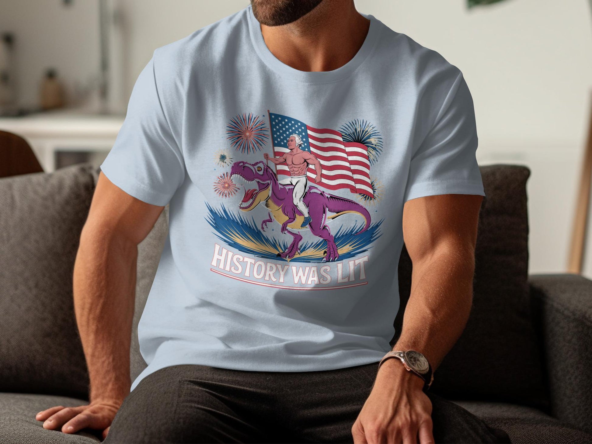 History Was Lit T-Shirt, Funny Patriotic Dinosaur Graphic Tee, Retro Fireworks Design Shirt, Cool Novelty Gift for Men