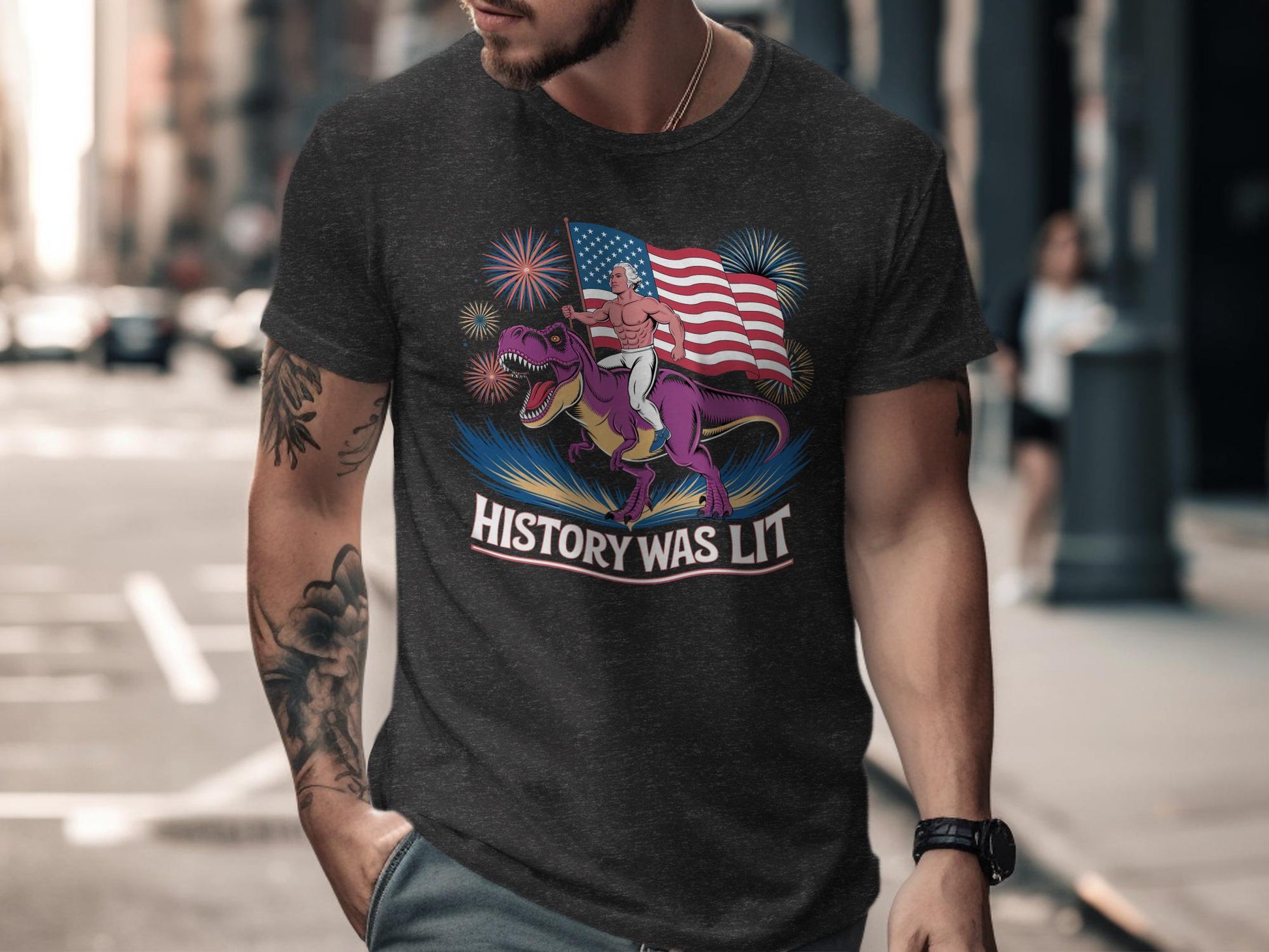 Funny Patriotic T-Shirt, History Was Lit Shirt, Dinosaur and Fireworks Graphic Tee, 4th of July Shirt, Humorous USA Shirt