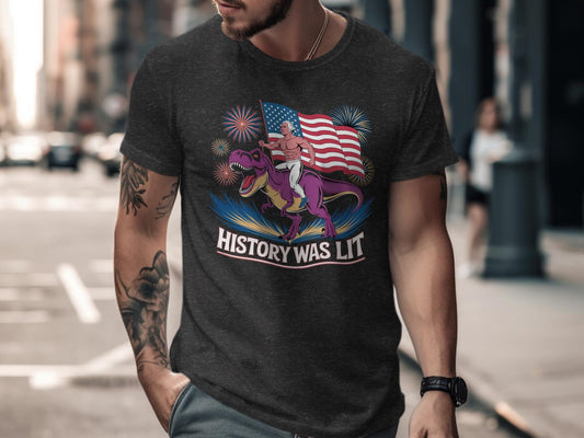 Funny Patriotic T-Shirt, History Was Lit Shirt, Dinosaur and Fireworks Graphic Tee, 4th of July Shirt, Humorous USA Shirt