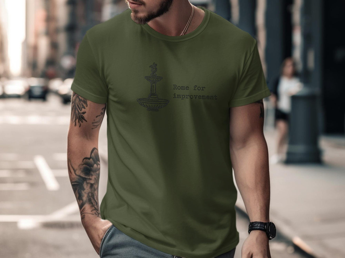 Graphic T-Shirt, Rome for Improvement Shirt, Fountain Print Tee, Cool Urban Streetwear Top, Trendy Green Casual Clothing, Mens Summer
