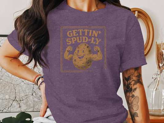 Gettin&#39; Spud-ly Graphic Tee, Potato Humor Shirt, Funny Workout T-shirt, Comfy Casual Wear, Trendy Graphic Tee for All Ages