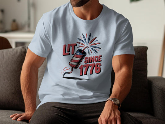 Lit Since 1776 Graphic Tee, Patriotic 4th of July Shirt, Independence Day Firework T-Shirt, USA Celebration Top