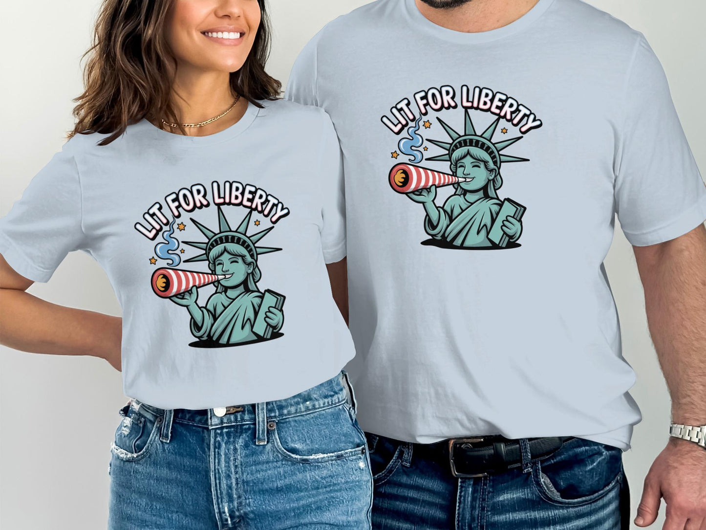 Lit for Liberty T-Shirt, Cute and Fun Statue of Liberty Graphic Tee, Couple Matching Shirts, Independence Day Outfit, Patriotic Apparel