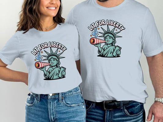 Lit for Liberty T-Shirt, Cute and Fun Statue of Liberty Graphic Tee, Couple Matching Shirts, Independence Day Outfit, Patriotic Apparel