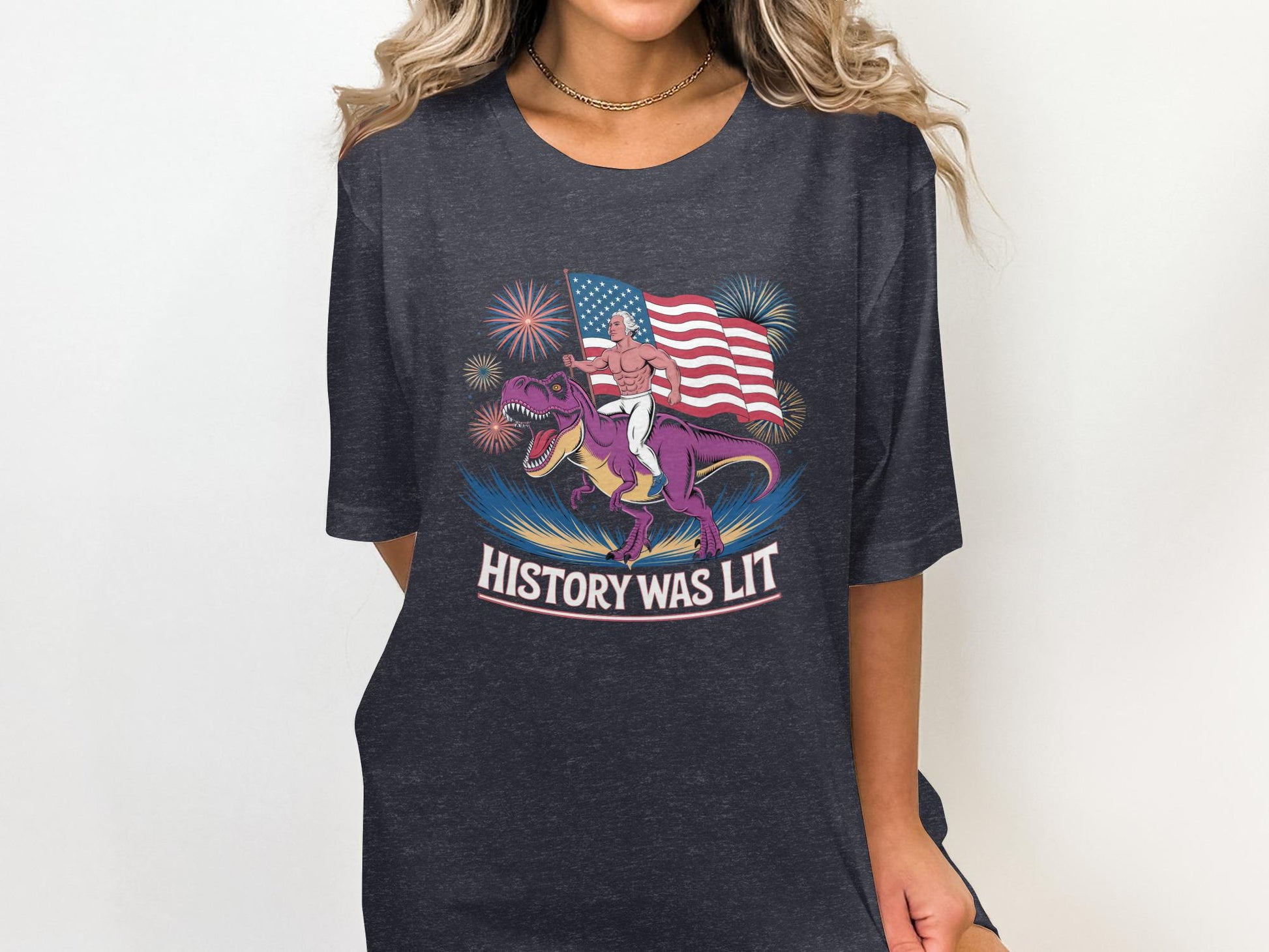 Funny Graphic Tee, History Was Lit T-shirt, Patriotic Dinosaur Shirt, American Flag Fireworks Top, Fun Novelty Tee, Humor Apparel
