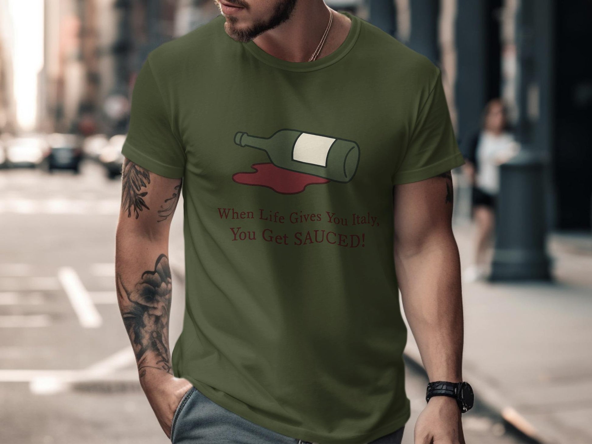 When Life Gives You Italy You Get Sauced funny t-shirt, wine lovers novelty shirt, humorous casual wear tee for men and women