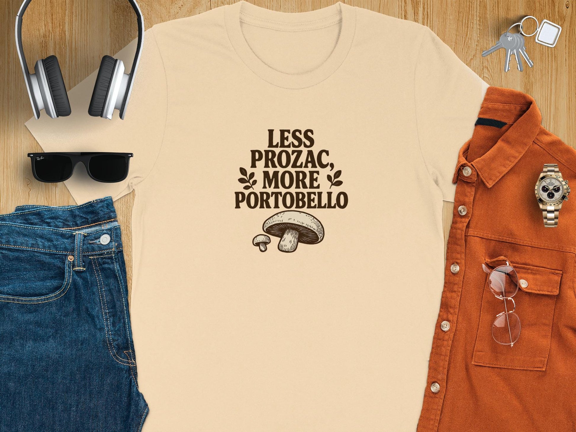 Funny Mushroom Quote T-Shirt, Less Prozac More Portobello Shirt, Unique Foodie Tee, Vegan Humor Top, Cute Casual Outfit, Gift For Food