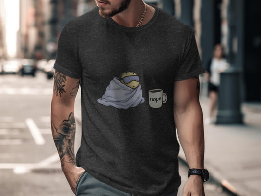 Sleepy Hedgehog Nope Mug T-Shirt, Funny Animal Graphic Tee, Cute Hedgehog Shirt, Coffee Lover Gift, Casual Wear, Gift for Him
